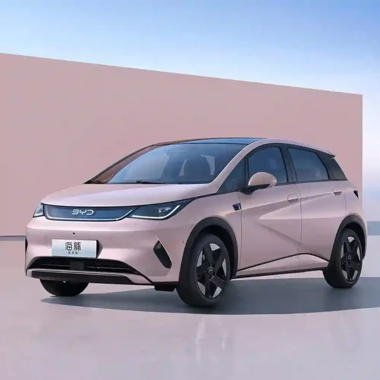Pink BYD Seagull (Dolphin Mini) electric car exterior view with modern LED headlights and sleek hatchback profile.