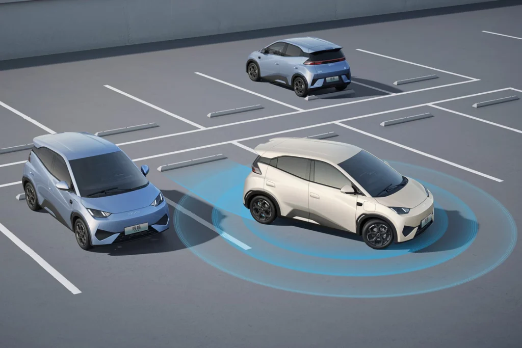 BYD Seagull intelligent parking assist system with ultrasonic sensors visualization in a parking lot