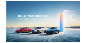 BYD electric vehicle lineup on icy landscape with “Build Your Dreams” slogan, featuring modern EV sedans and SUVs promoting sustainable mobility