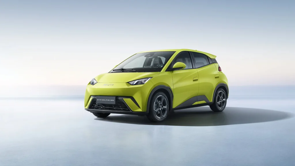 BYD Dolphin Mini compact electric hatchback in lime green, small city EV with modern styling and five-door design