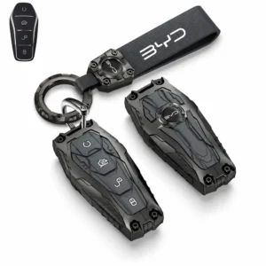 BYD armored smart key cover with round ring, leather-look loop and key fob on a white background