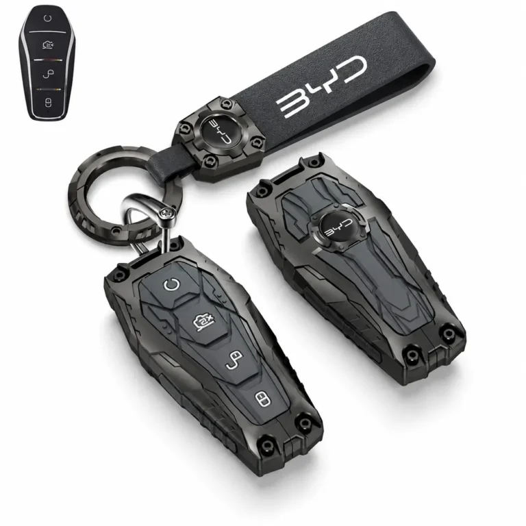 BYD armored smart key cover with round ring, leather-look loop and key fob on a white background