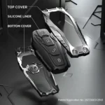 Exploded view of a BYD armored smart key cover with top cover, silicone liner and bottom cover