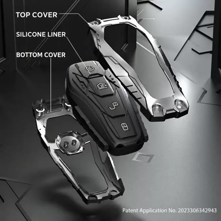 BYD armored smart key cover with round ring, leather-look loop and key fob on a white background