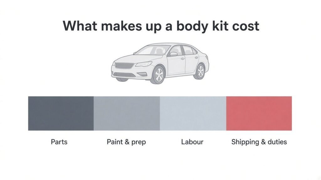 Illustration: typical body kit cost stack with parts, paint and prep, labour, and shipping and duties