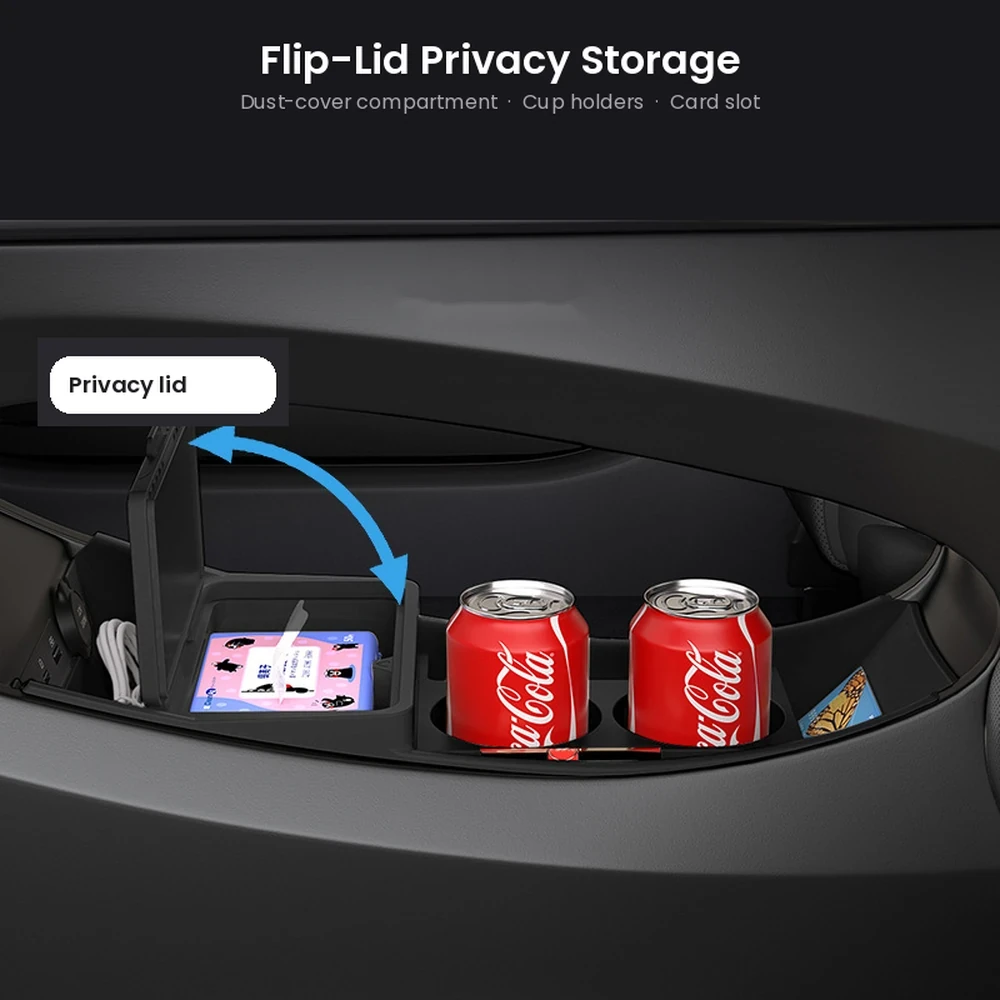Black BYD Dolphin console organizer with flip-lid privacy compartment and cup holders