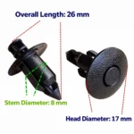 BYD geçmeli klips boyutları: 26 mm uzunluk, 8 mm sap ve 17 mm baş