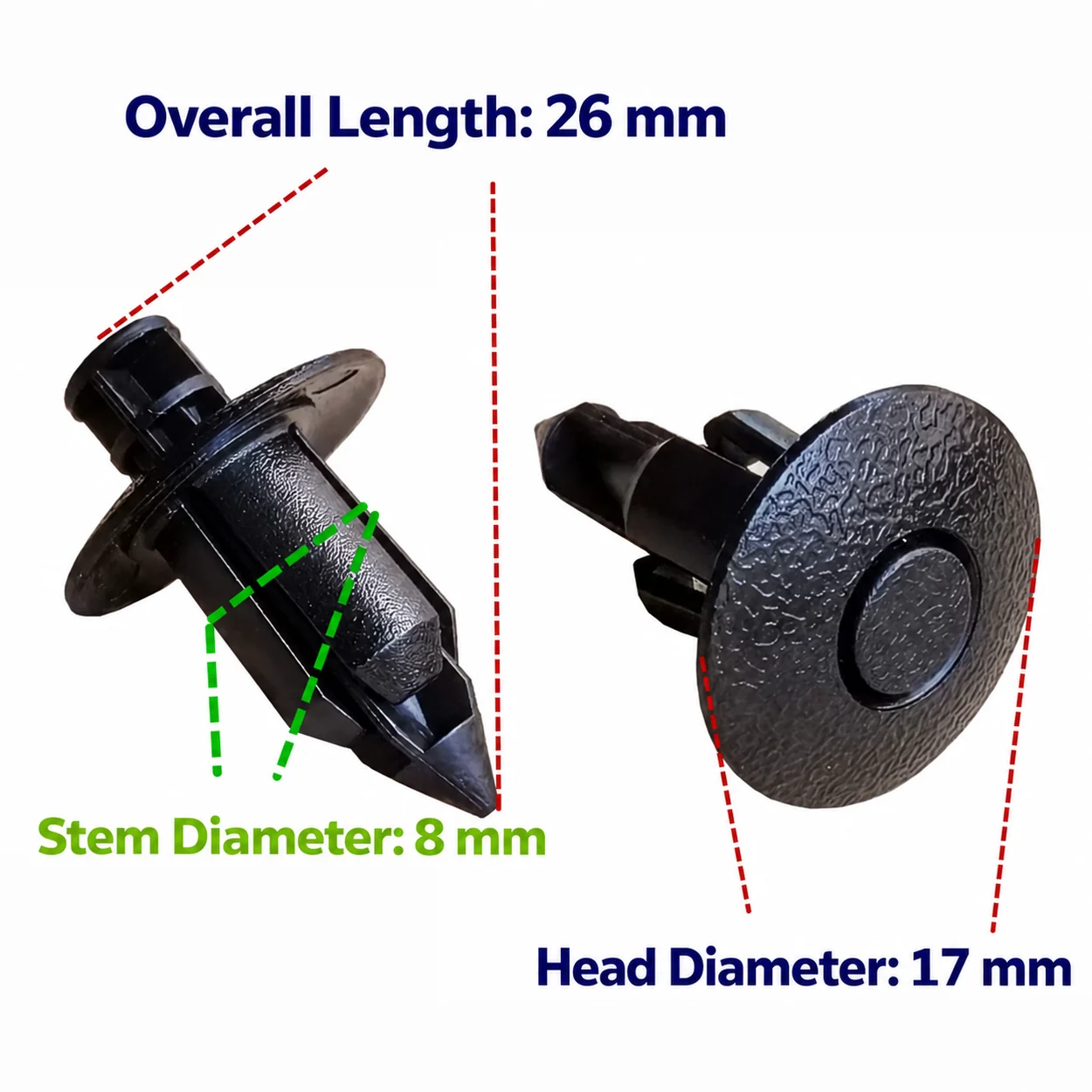 BYD geçmeli klips boyutları: 26 mm uzunluk, 8 mm sap ve 17 mm baş