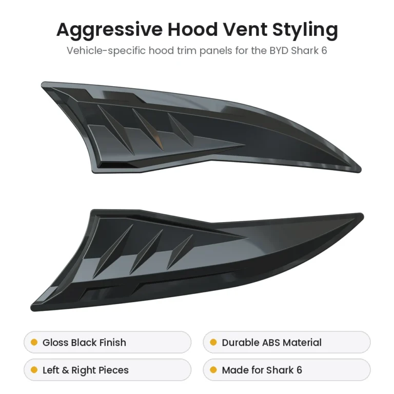 Gloss black ABS hood vent trim panels for BYD Shark 6, left and right pieces on a white background