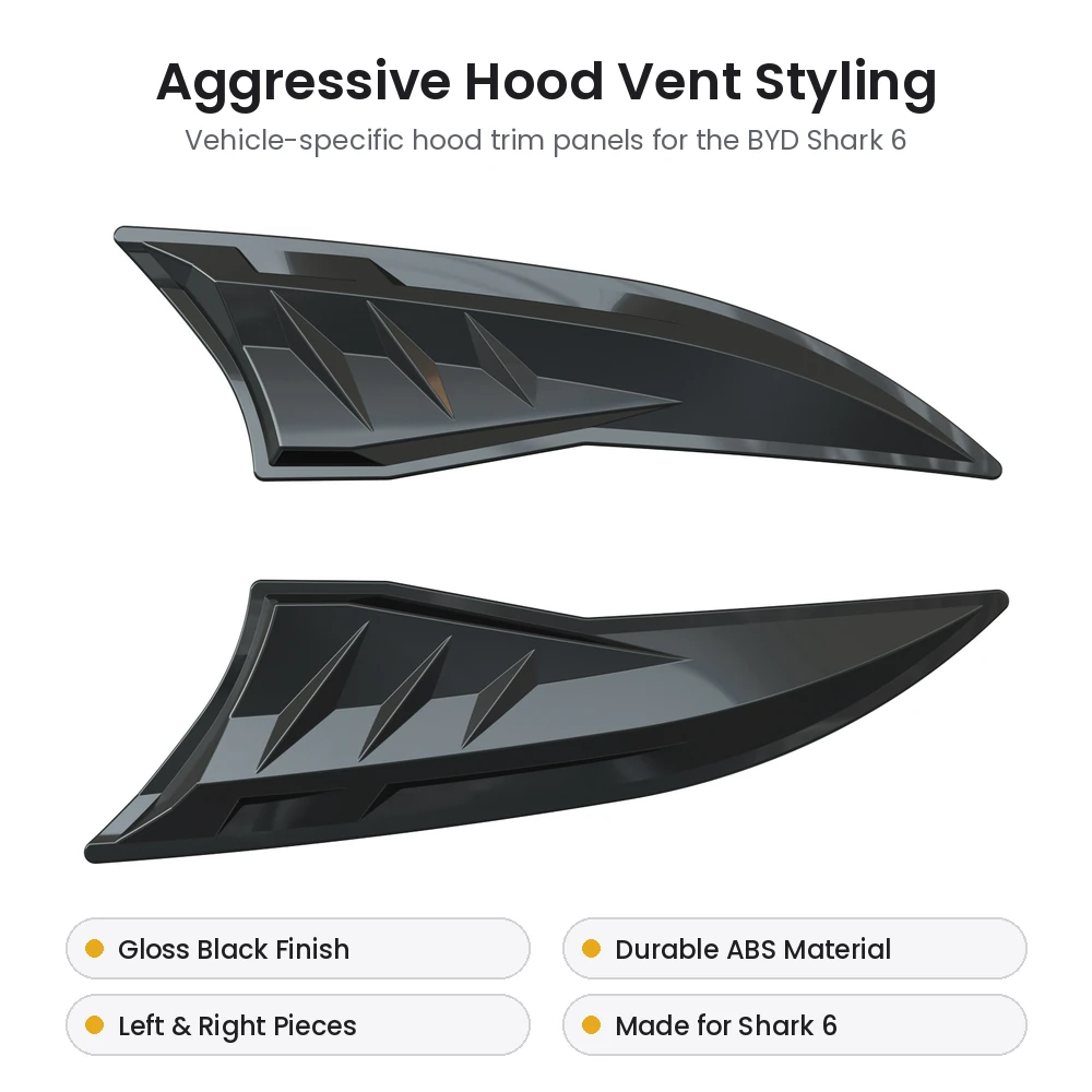 BYD Shark 6 hood vent trim features: gloss black finish, ABS material, left and right pieces, vehicle-specific fit
