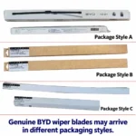 Three genuine BYD wiper blade packaging styles with English captions