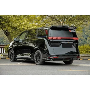 Black Denza D9 with rear lip kit and spoiler installed, rear three-quarter view
