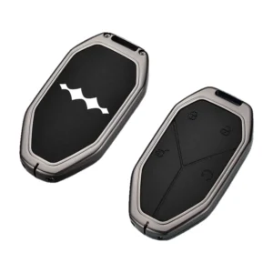 Black Nappa-texture leather key fob cover with zinc alloy frame for Fangchengbao Leopard 5 smart key, front and back view on white