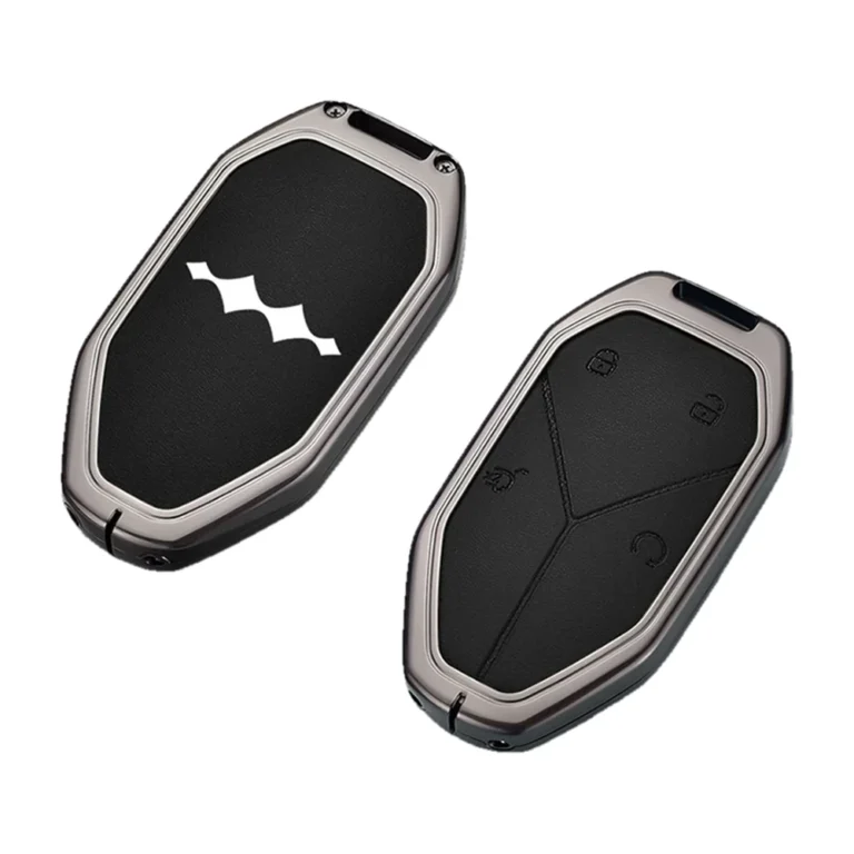 Black Nappa-texture leather key fob cover with zinc alloy frame for Fangchengbao Leopard 5 smart key, front and back view on white