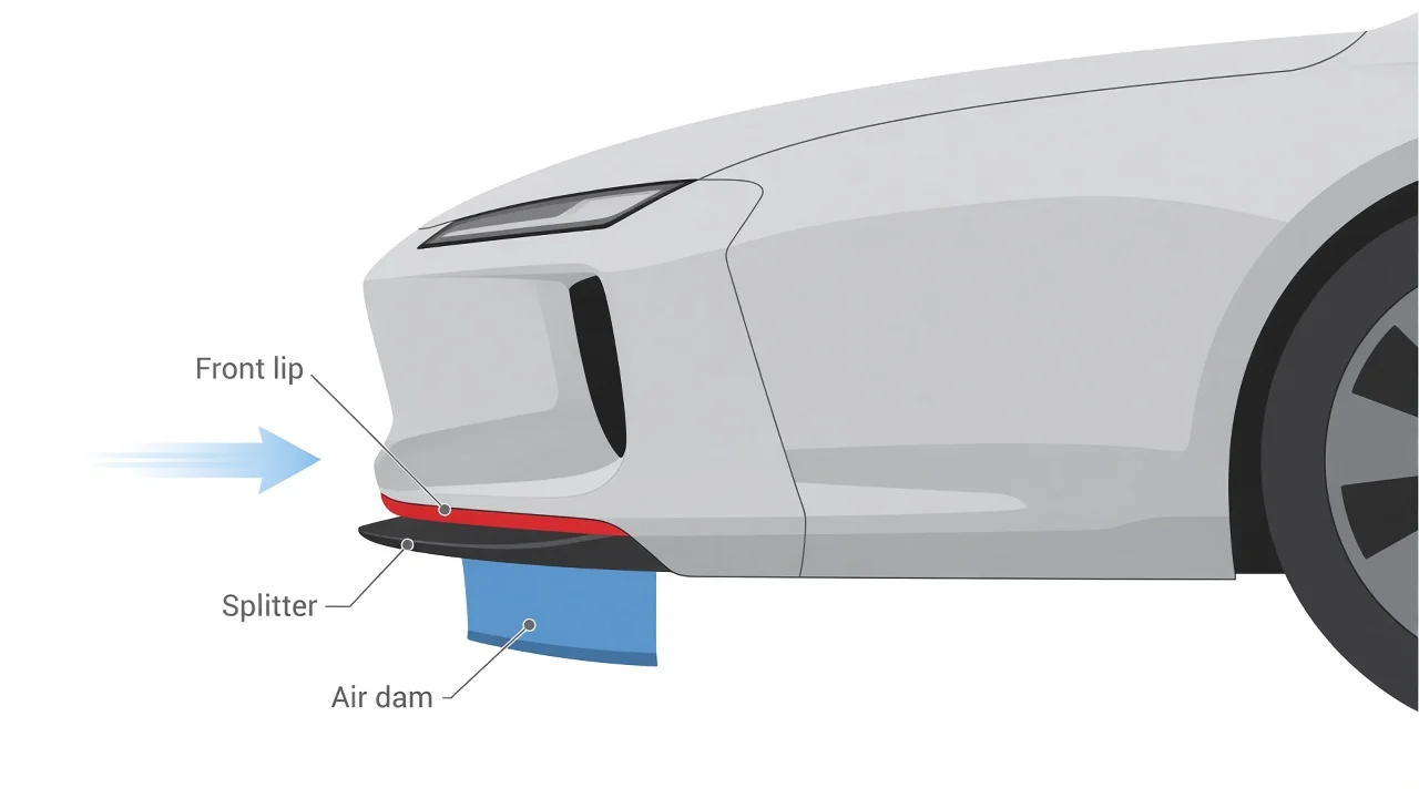 Illustration: where a front lip, splitter and air dam sit on a car's front bumper