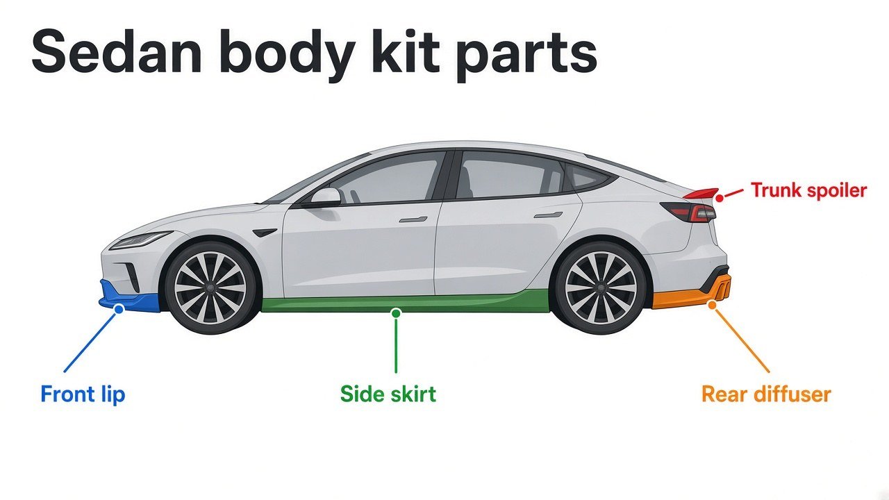 Illustration: sedan body kit parts — front lip, side skirt, rear diffuser and trunk spoiler